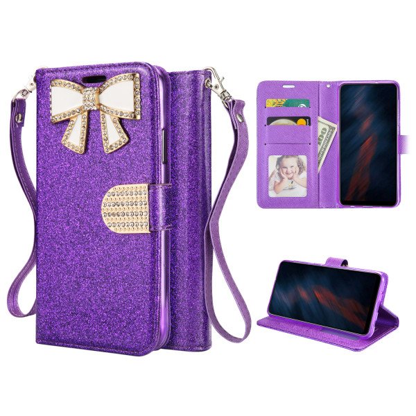 Wholesale Ribbon Bow Crystal Diamond Wallet Case for Samsung Galaxy A10 (Purple)